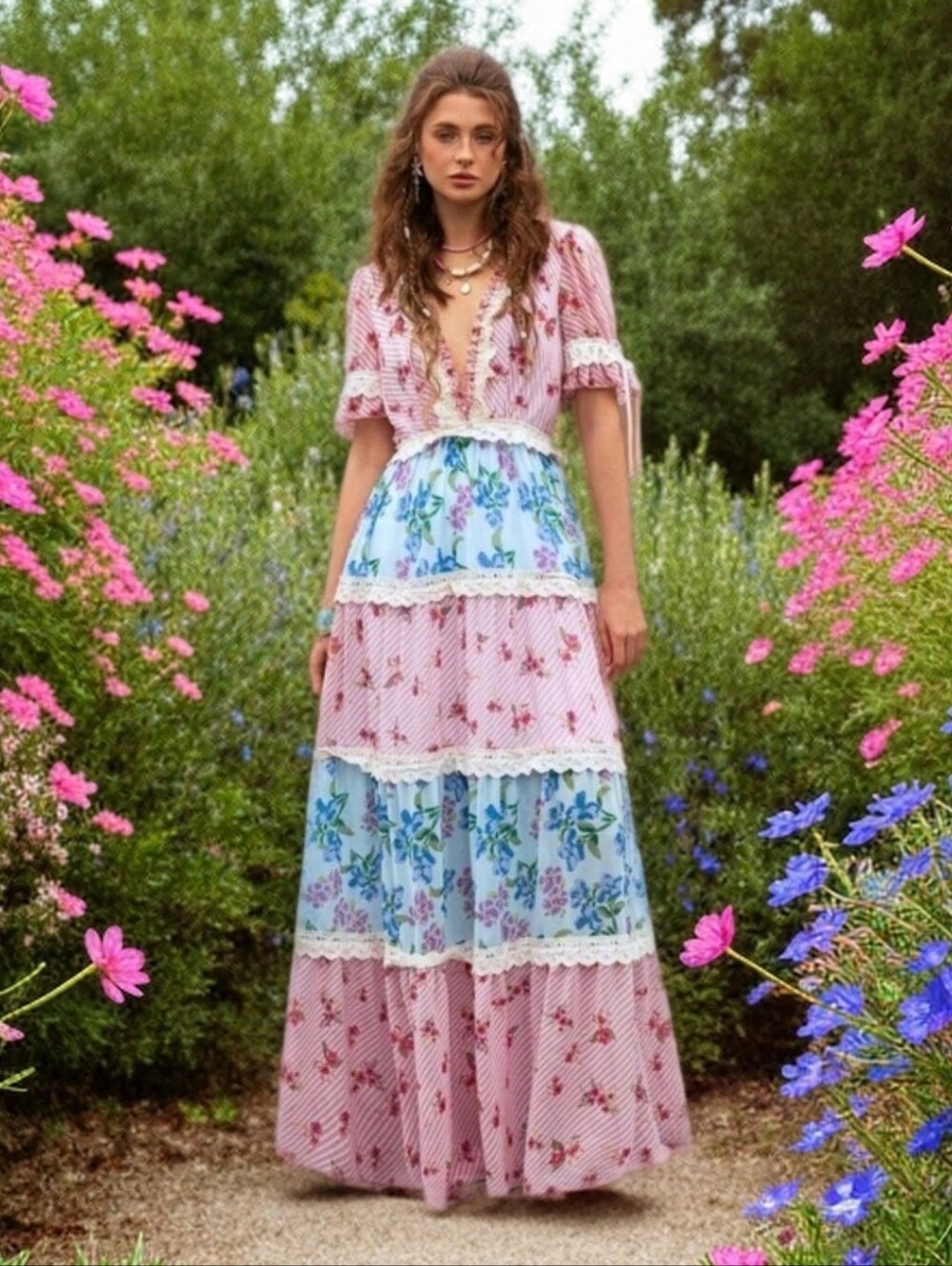 Floral Tiered Maxi Dress in Pink and Blue - Picture 1 of 16